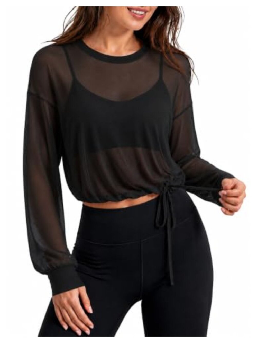 Women's Mesh Long Sleeve Crop Top Sheer Drawstring Yoga Workout Cover Up